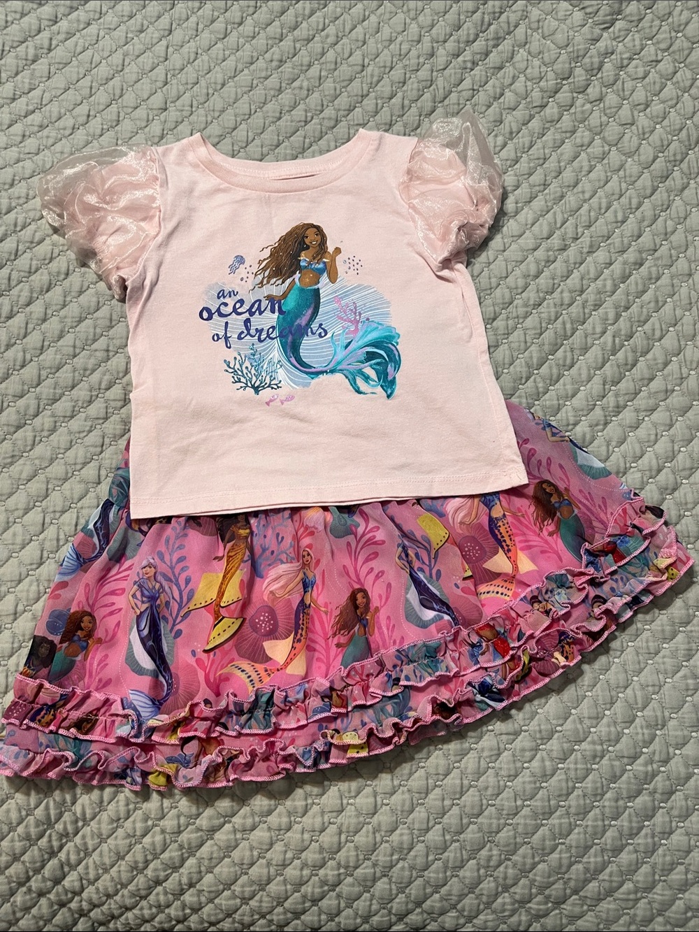 Disney Pink Mermaid Graphic Top and Ruffled Mermaid Print Skirt Set